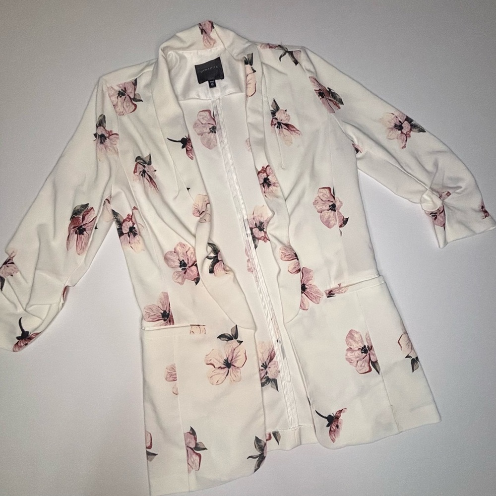 Dynamite White Blazer with Pink Floral Accents